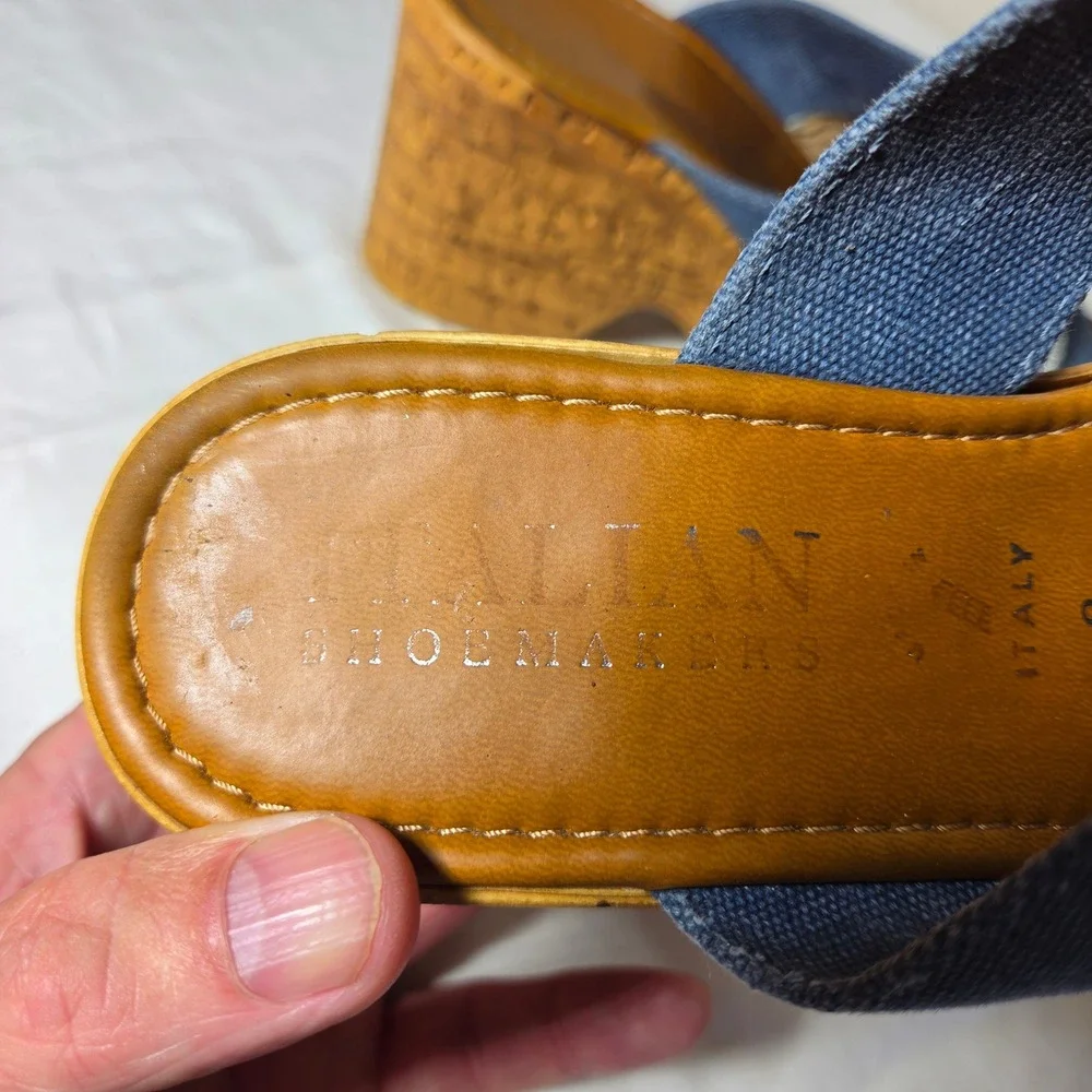 Italian Shoemakers Womens Blue Canvas Cork Platform Wedge Sandals Size 8 Italy